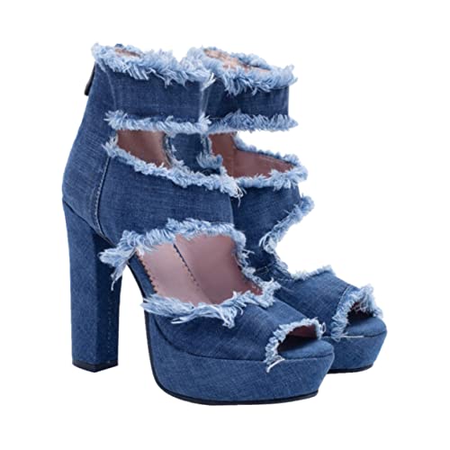 Sandales compensees en denim pour femmes avec bout ouvert et fermeture cheville