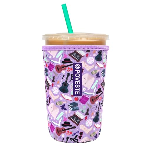 Image of Reusable Neoprene Insulator Sleeve for Iced Coffee & Cold Soda, Coffee Sleeves for Iced & Hot Drinks, Cold Beverage Cooler Compatible with Starbucks, Dunkin (On Tour Purple, Medium: 22-24oz)