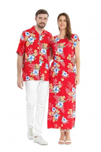 Image of Matchable Couple Hawaiian Luau Shirt or Maxi Simple Dress in Hibiscus | Sold Individually; Soft Rayon Fabric; Cap Sleeve Design; Signature Tropical Prints; Vacation Ready