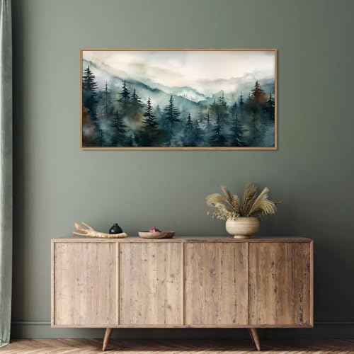 Image of KAIRNE Watercolor Misty Forest Framed Canvas Wall Art Set, Nature Landscape Wall Decor, Foggy Mountain Pine Trees Wall Painting, Jungle Scenery Artwork for Living Room, Bedroom, Office-40 x20 x1