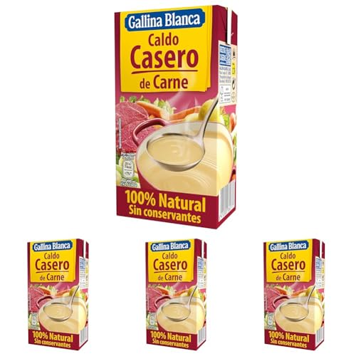 GALLINA BLANCA Caldo Casero de Carne 100% Natural | Elaborado con Carne de Ternera Fresca y Verduras de la Huerta, Cocinado a Fuego Lento. Sin Gluten, Sin Conservantes - 500ml (Paquete de 4)