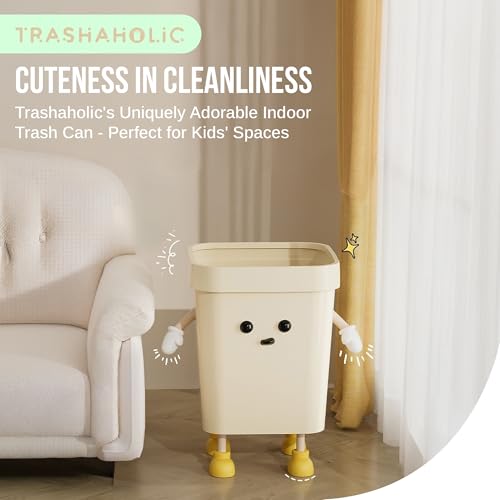 Image of 3.2-Gallon Cute Kids Trash Can - Durable Waste Basket Perfect for Kids Rooms, Classrooms, Pediatric Clinics - Beige Square-Shaped Trash Bin w /Arms & Legs - Comes with Removable Trash Bag Holder
