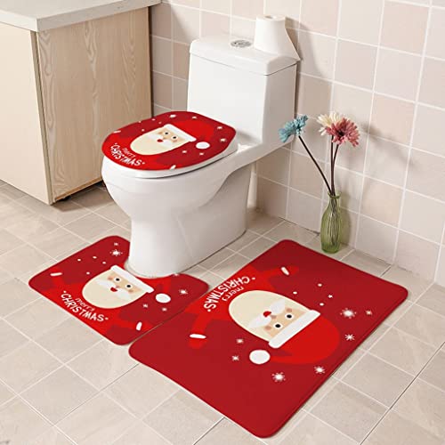 3 Teiliges Badvorleger-Set Duschmatte + Konturmatte + WC-Deckelbezug,rutschfeste Weihnachten Flanell WC Toilette Deckel…