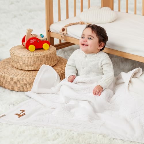 Image of Cotton Knit Baby Blanket with Plush Fleece, 31x40 Receiving Blanket for Newborn Boys & Girls, Soft Warm Stroller Blanket with Deer Embroidery, Box