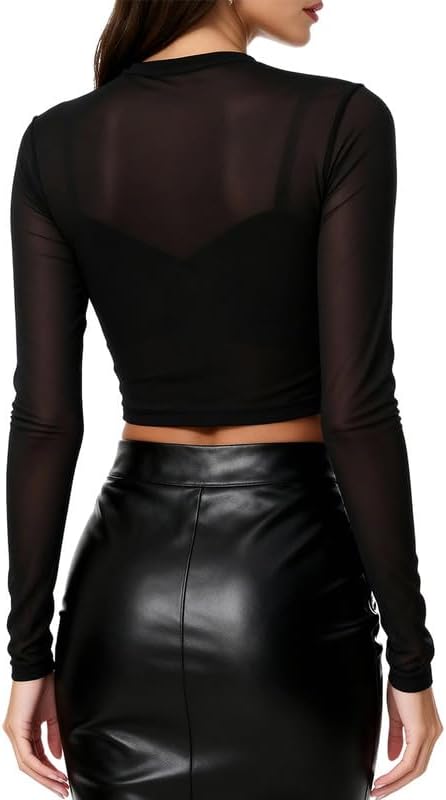 Mesh Crop Tops for Women Long Sleeve Mock Neck Sexy Cropped T Shirts for Punk Rock Outfits Sheer Black Top Womens Y2K Goth - Image 4