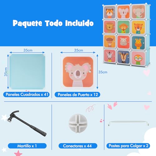 Miniatura 6 de Costway Armario Modular Infantil De 12 Cubos, Organizador Modular Para Niños Con 2 Secciones Para Colgar, Cajonera Con Cubos Para Juguetes Para Habitación Infantil, Guardería, Dormitorio Azul