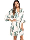 Floerns Women's Bridesmaid Satin Kimono Oblique V Neck Bathrobe Robes Leaf whiteL
