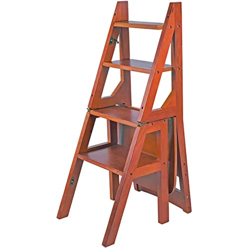 CHEMYO Step Stool Wooden Folding Step Stool Portable Ladder Chair Stool Multifunction Stepladder Stairway Chair for Home Library 4 Steps Closet Step Stools for Bedroom Closet Bedroom Step/Brown