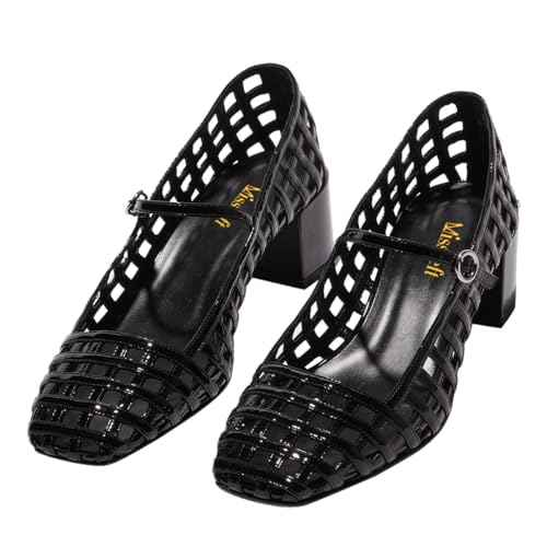 miss left Women Chic Single Strap Buckle Cutout Mary Jane Pumps Square Toe Block Low Heel Party Ballroom Club Sandals Size 4-16 US4