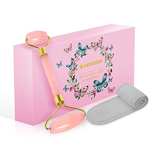 Face Roller Rose Quartz Massager | FREE Headband for Washing Face | Jade Roller Massage for Face, Eye, Neck | 100% Real Natural Jade Facial Roller | No Squeaks | Anti Aging Face Roll Massager
