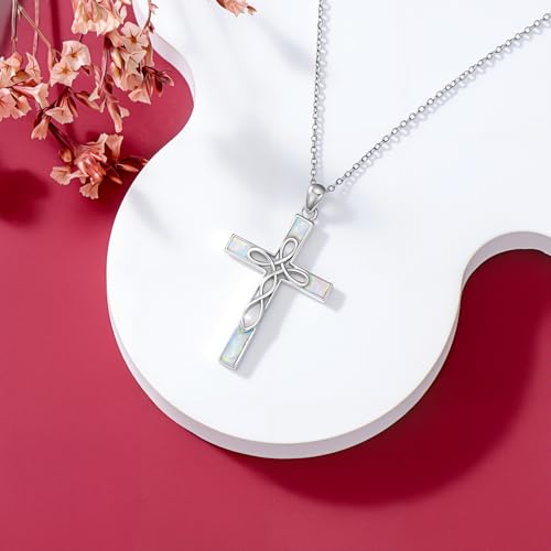 AOBOCO Celtic Cross Opal Necklace Sterling Silver Irish Knot Infinity Cross Pendant Christian Religious Faith Jewelry Gift for Women Her with 18" to 20" Chain4