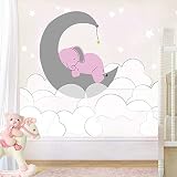Elephant Moon Clouds and Stars - Baby Girl - Nursery Wall Decal for Baby ROM Decorations - Mural Wal