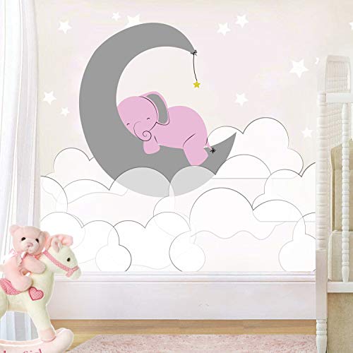 Elephant Moon Clouds And Stars - Baby Girl - Nursery Wall Decal For Baby Rom Decorations - Mural Wall Decal Sticker For Home Children's Bedroom (J236) (Wide 34"X19" Height) #TOP7