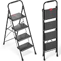 TOOLF 4 Step Ladder Folding Step Stool with Handrail, Heavy Duty Steel Ladder, Anti-Slip Wide Steps, Safe Lock, Portable Ladder for Home Kitchen Garage, Black