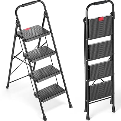 TOOLF 4 Step Ladder Folding Step Stool with Handrail, Heavy Duty Steel Ladder, Anti-Slip Wide Steps, Safe Lock, Portable Ladder for Home Kitchen Garage, Black