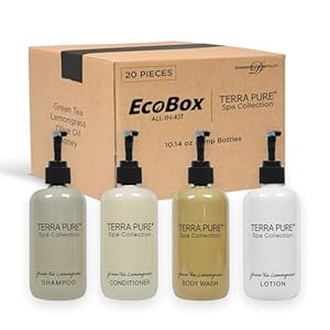 Terra Pure Spa Collection 20 Piece Ecobox All-In-Kit | Green Tea Lemongrass Soap | 6 Shampoo, 4 Conditioner, 6 Body Wash & 4 Lotion | 10.14oz Hotel Soaps and Toiletries Bulk | Personal Care Products