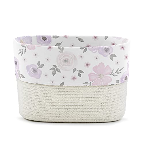 Image of Sweet Jojo Designs Lavender Purple Boho Floral Girl Woven Storage Basket Decorative Cotton Rope Lined Bin Baby Nursery Kids Bedroom Toys Closet Organizer Grey Bohemian Farmhouse Shabby Chic Watercolor