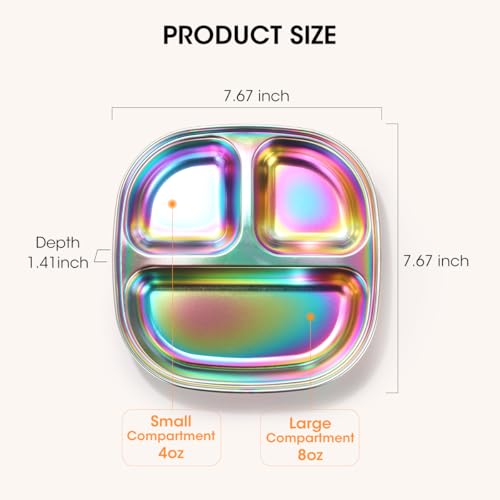 AIEVE Stainless Steel Kids Plates, Pack of 4 Stainless Steel Divided Toddler Plate with Lids