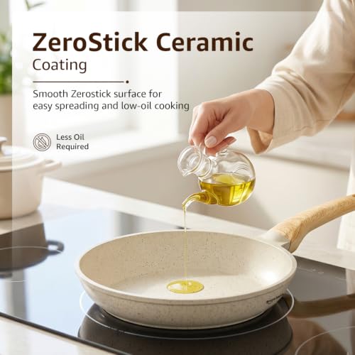 Image of Amazon Basics Ceramic nonstick Coating Fry Pan 24 cm| BPA-Free & PFOA-Free | Even Heat Distribution | Induction & Gas Compatible | Stay-Cool Handle | Dishwasher Safe | Ivory