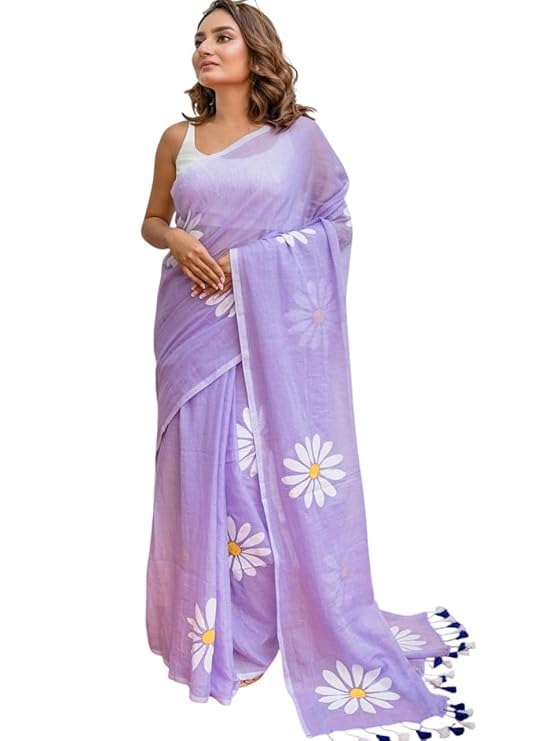 Rajeshwar Fashion (Women’s Linen Cotton saree with digital sunflower|floral print and latkan work | casual wear | Linen cotton | flower design | Unstitched blouse |