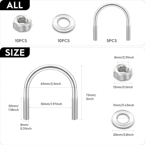 5 Stück M8 x 50mm 304 Edelstahl Silber U-Bolzen U-Schrauben, geeignet für Rohrleistungen