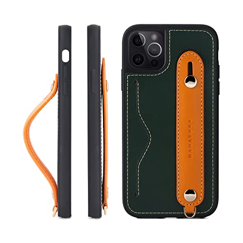 iPhone 14 Pro ケース 本革 グリップケース レザー ストラップ付属 イタリア製牛革 ヌメ革 片手操作 カード収納 スタンド機能 メンズ レディース グリーン/オレンジ CGH-14Pro-Green-OG