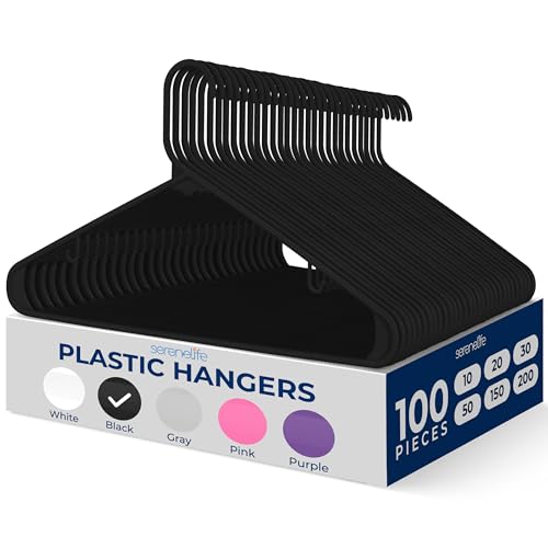 SereneLife 100-Pack Black Plastic Hangers  Ultra Lightweight Non-Slip Slim Clothes Hanger Set for Shirts, Pants, Coats & Dresses  Heavy Duty Space Saving Closet Organizer