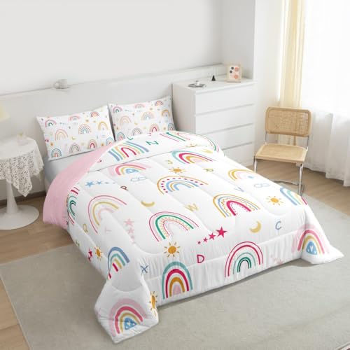 Image of Feelyou Cartoon Rainbow Letters Bedding Set Soft for Boys Girls, ABC Alphabet Comforter Set Queen Size Cute Rainbow Duvet Quilt Microfiber Educational Bedroom Decor 3 Pcs with 2 Pillow Cases