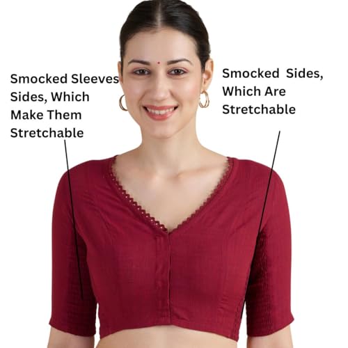 Image of Studio Shringaar Women's Handloom Cotton Side Stretchable (Smocked) Readymade Saree Blouse with Crochet Neckline