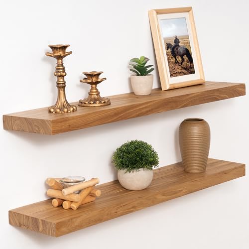 Marsmiles 30 inch Floating Shelves for Wall Solid Elm Wood Shelves|Rustic Wall Shelves with Invisible Heavy-Duty Bracket for Bathroom Living Room Kitchen|Natural 2 Pack