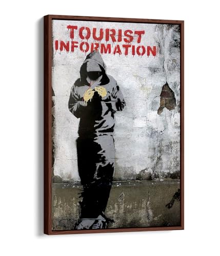 Banksy Tourist Information impression sur toile avec cadre en noyer 50x76 cm