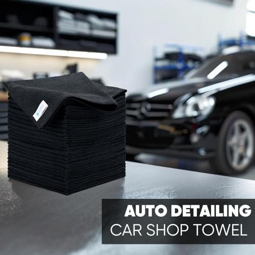 16" x 16" Economy All Purpose Microfiber Towels - 50 Pack | Large | No Fraying | High Density Microfiber | Chemical Free Cleaner | Long-Lasting (Black)