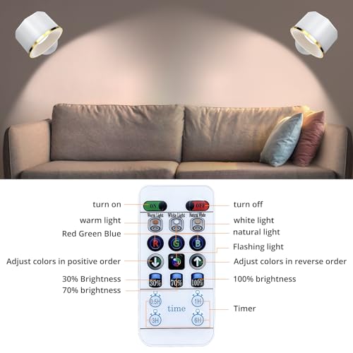 TBTeek Wall Light, Wall Sconce Set of 2, 6 Color Dimmable Closet Light, Rechargeable Battery Stick on Light, Wall Lamp with Remote, Cordless Wall Mount Reading Lamp for Bedside Bedroom, White - Thumbnail 3