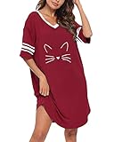 Sleep Shirts for Women Oversized Novelty Night Shirts V Neck Loose Soft Nightgowns Cute Cat Printed