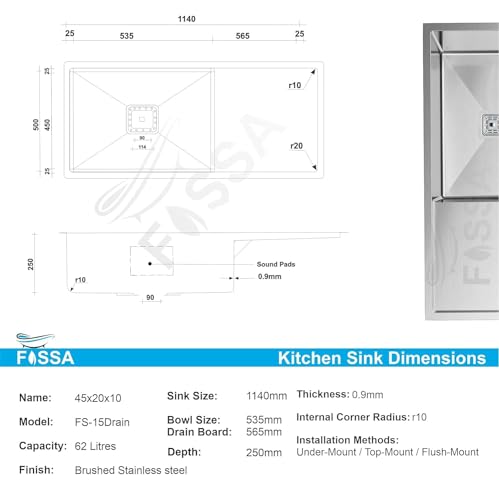 Image of Fossa 45 inchx20 inchx10 inch Inch Single Bowl Drain Board Premium Stainless Steel Handmade Kitchen Sink (Matte Finish) Silver
