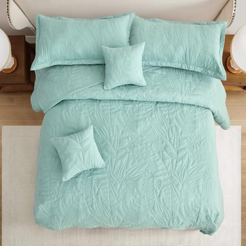 Image of HZ & HY Botanical Oversized King Bedspread, Stitched Leaf Quilt Set King /Cal King, Lightweight Reversible Coverlet, Tailored Edge - Fresh Natural Look, 5 Piece, Seaglass