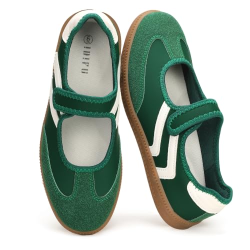 IDIFU Women's Mary Jane Sneakers Retro Ballet Flats(Green Pu, 9)