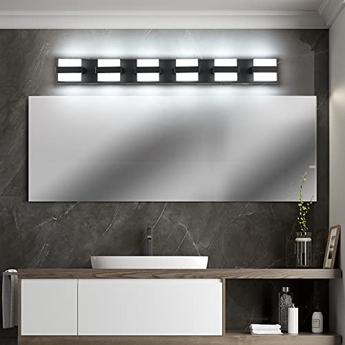 Image of SOLFART 6 Lights Black Vanity Light LED Bathroom Modern Vanity Lights Over Mirror Black Bathroom Light Fixtures 41 inch White Light Dimmable