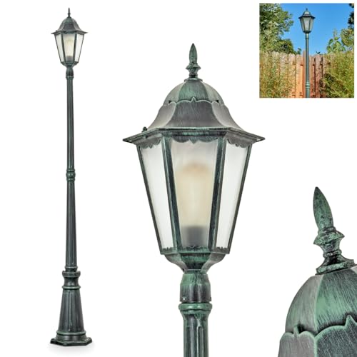 Lampe d'allée extérieure Hongkong, lampe d'allée en métal/verre noir-vert/verre laiteux, lampadaire au look antique, hauteur 206 cm, éclairage de jardin IP44, 1 x E27, sans ampoules