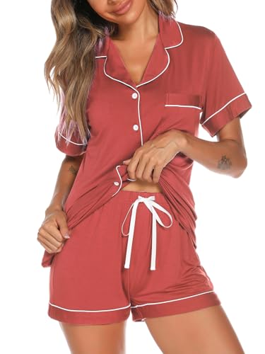Image of Aamikast Button Up Pajama Set for Women Shorts Short Sleeve Knit Sleepwear 2 Pice Pjs Sets