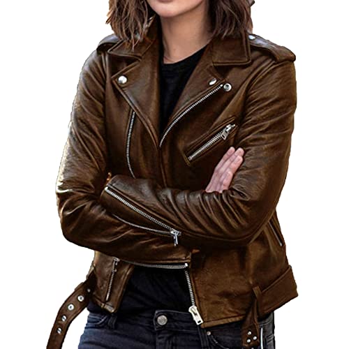 Manteau slim biker pour femme en cuir zippé avec ceinture DGKaxiyaHM