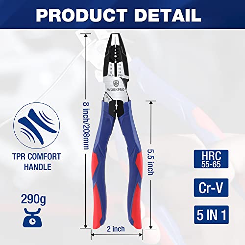 Workpro 8 Inch Linesman Pliers With Wire Cutter And Stripper, Multipurpose Combination Pliers, Premium Crv Steel Hand Tool Plier For Twisting Cutting Wires And Clamping Screws #TOP1