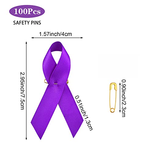 Image of 100PCS Purple Awareness Ribbon Pins Purple Ribbons Awareness Pins for Women Girls Campaigns, Support Groups and Fundraisers Charity Event Survivor Campaign Party Favors Supplies