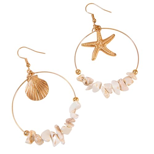 Cosswe Boucles d'oreilles asymétriques en coquillage et étoile de mer Boucles d'oreilles de plage Boho Bijoux de vacances d'été Boucles d'oreilles géométriques en...