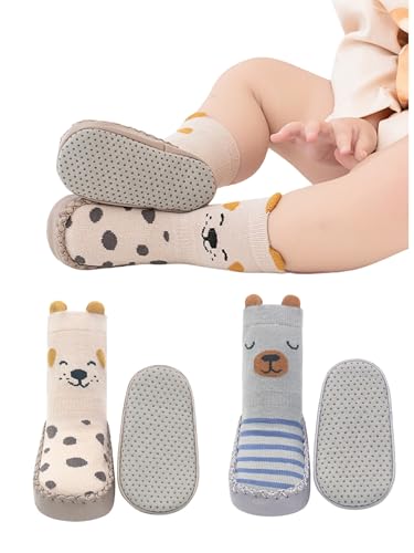 BEHELE Baby Toddler Non-skid Sock Shoes Non Slip Floor Slipper for Boys Girls First Walking 2 Pairs (US, Age, 12 Months, 18 Months, Style2)
