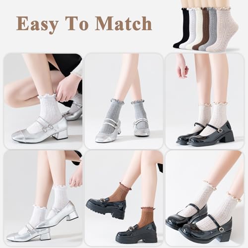 Image of Mcool Mary Womens Crew Socks Ruffle Casual Cotton Frilly Breathable Cute Knit Lettuce Trim Dress Ankle Socks 6 Pack