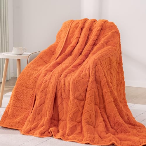 Image of Drewin Weighted Blanket 15lbs for Adults Deep Sleep and Relax,Orange | Soft Jacquard Sherpa Heavy Blankets 48 inch x 72 inch with Glass Beads,Cozy Fleece Throw Blankets for Bed and Couch,Machine Washable