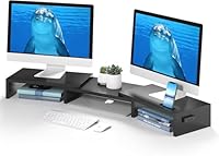 BONTEC Supporto per Doppio Monitor Stand Riser e Smartphone, Lunghezza Regolabile e Angolo di Rotazione in Legno, Organizer da Tavolo, nero