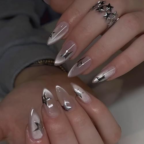 Mivota Medium Press on Nails Almond Cat Eye Nude Fake Nails Glossy Glue On Nails with 3D Silver Star Nail Art Designs Decorative Thick Reusable Glossy Full Cover Stick on Nails for Women 24Pcs