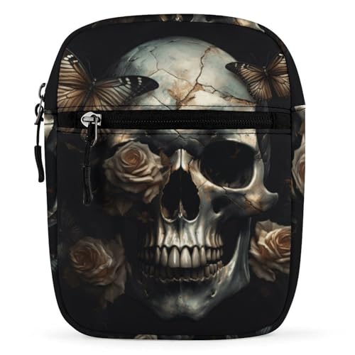 Satchel Tote Bag Messenger Bag Skull with Roses And Butterflies Printed Mini Sling Bag Purse Suitable for Work Travel